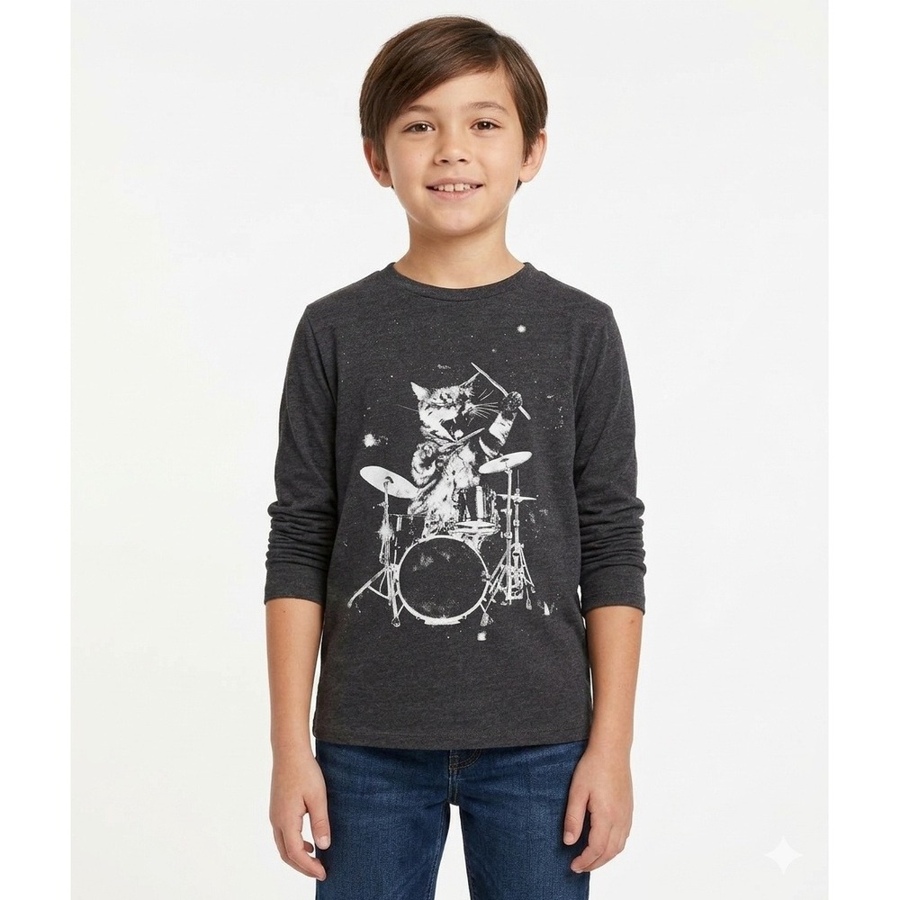 Cat & Jack Boys Large 12/14 Long Sleeve Graphic Tee Charcoal Grey Drummer Cat